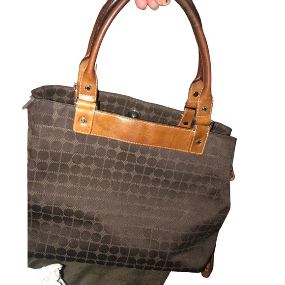 Kate Spade dark brown canvas  shoulder bag geometrical print brown leather trim - Picture 1 of 16